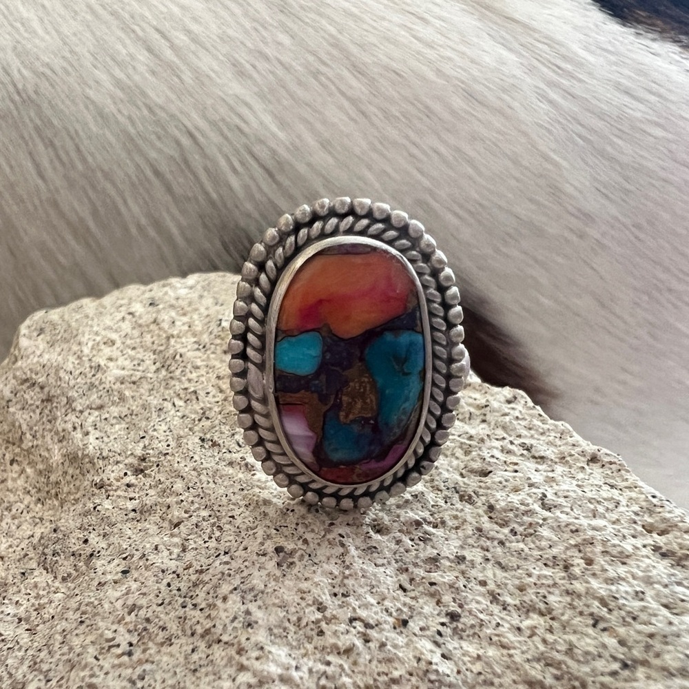 ❤️ Pink Dahlia Turquoise Brushed Sterling Ring Navajo Style Adj Sz 6.5 to 8.5